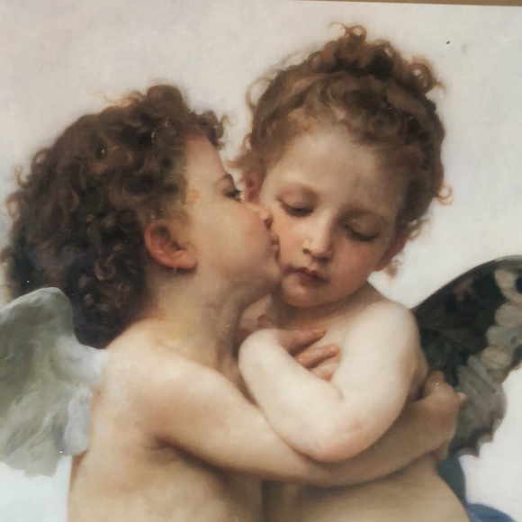 First Kiss by William Adolphe Bougeareau matted & ornate wood frame; 22” x 20” - Picture 3 of 11